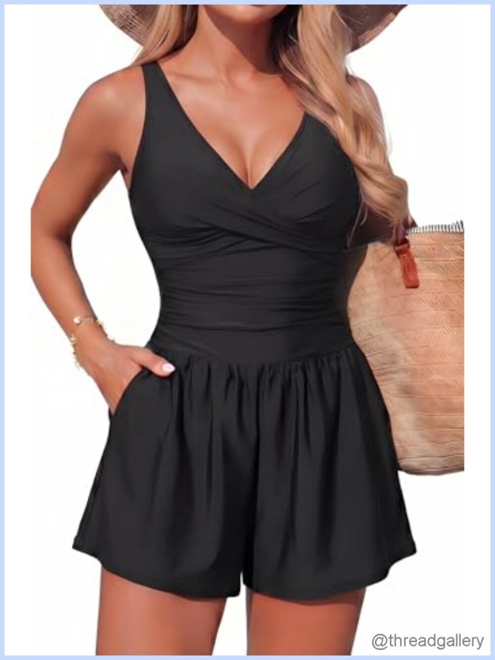 Women's One Piece Swim Romper Tummy Control V-Neck with Shorts and Pockets
